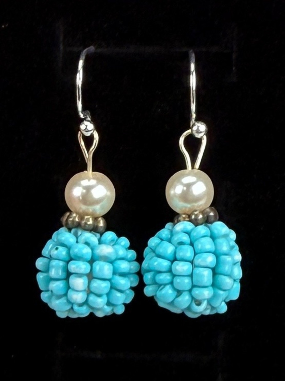 Bohemian southwestern chic Silvertone, Blue Beaded Drop Pierced Earrings